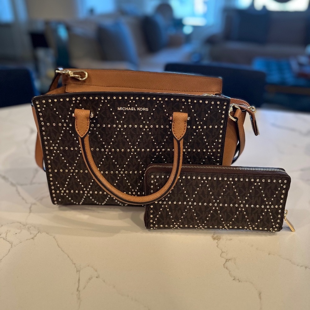 Michael Kors Medium Selma Gold Studded Satchel with Matching wallet
